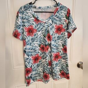 Floral Hawaiian Print V-Neck Women Top Large